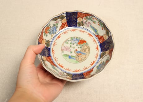 江戸幕末色絵牡丹と花鳥図なます皿