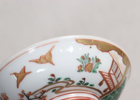 明治前期色絵網手に鶴と梅に鶯図通り物飯茶碗