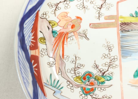 明治前期色絵山水と花鳥図割絵7寸鉢
