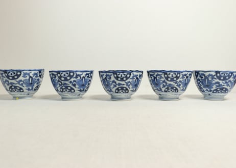 江戸後期染付四方牡丹図大向付5客組　1客高台ホツ