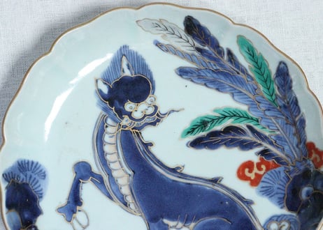江戸中期色絵芭蕉に獅子図７寸皿　５客組