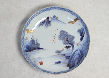 明治前期染付金彩山水図8寸皿