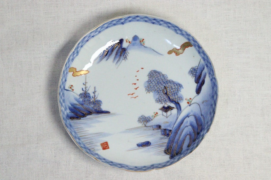 明治前期染付金彩山水図8寸皿 | 吉祥寺PukuPuku
