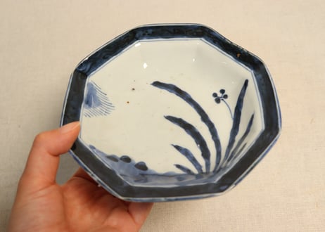 江戸後期染付水仙図八角皿①フリモノ