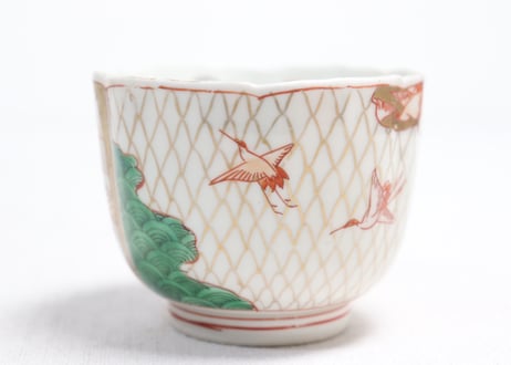 明治前期色絵網手に鶴と梅に鶯図通り物向付①
