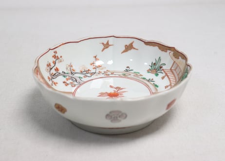 明治前期色絵網手に鶴と梅に鶯図通り物なます皿