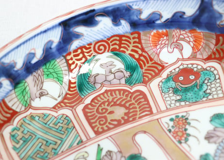 明治前期色絵菊と鶴亀図三ツ組鉢