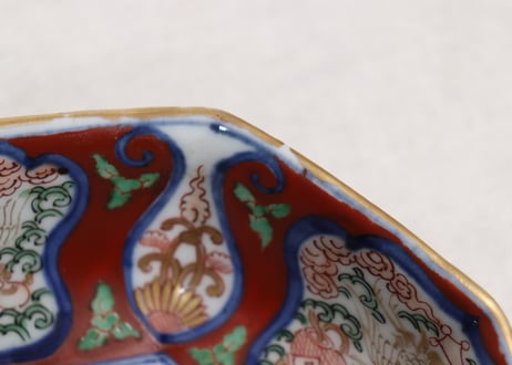明治前期大聖寺焼色絵四方に宝と鶴図八角なます皿②ノミホツ