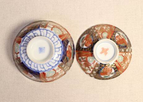 明治前期色絵桃と松竹梅図飯茶碗