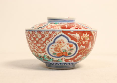 明治前期色絵獅子牡丹と幾何学文図飯茶碗②窯傷