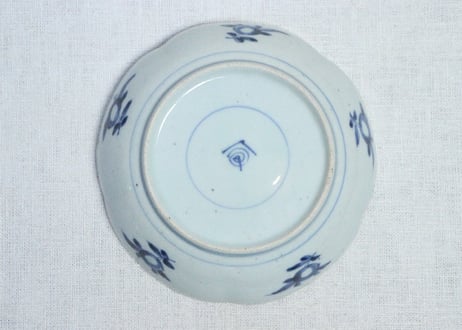 江戸中期色絵扇面に牡丹と羊歯図なます皿　5客組　１客高台ホツ