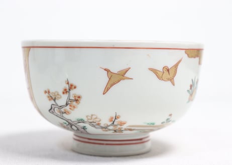明治前期色絵網手に鶴と梅に鶯図通り物蒸茶碗①