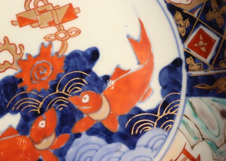 明治前期色絵魚と山水図6寸鉢