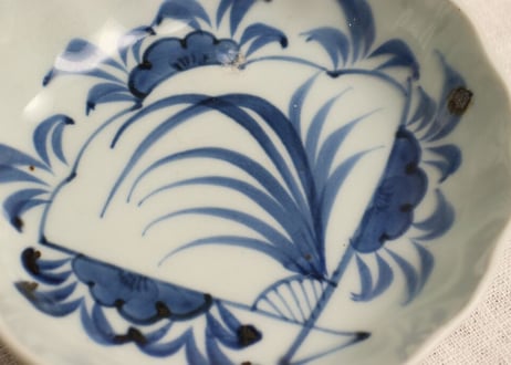 江戸幕末染付扇に花図なます皿