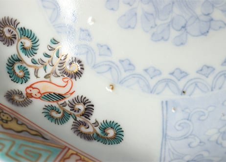 明治前期色絵獅子牡丹図八角三つ組鉢