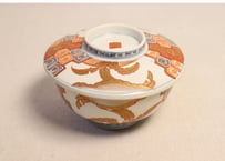 明治前期色絵芭蕉と亀甲図蒸茶碗　黒点