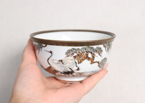 明治前期九谷焼色絵松鶴図通り物蒸茶碗