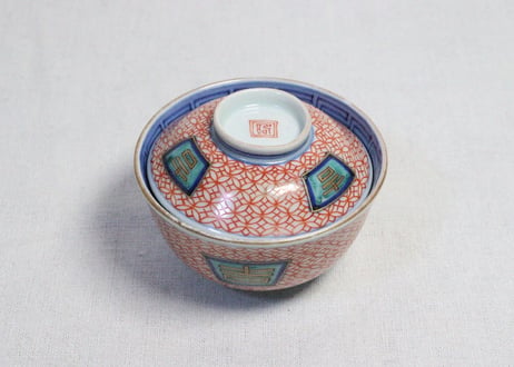 江戸後期色絵吉文字と七宝文図通り物飯茶碗　５客組