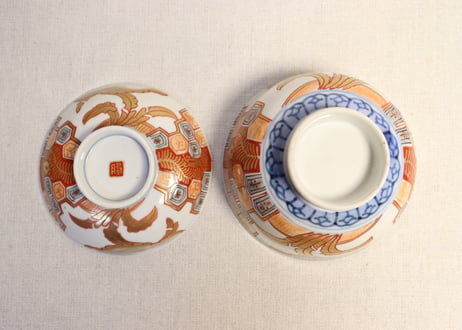 明治前期色絵芭蕉と亀甲図飯茶碗 釉剥げ