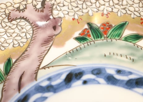 明治前期色絵桜に万年青図通り物7寸皿①