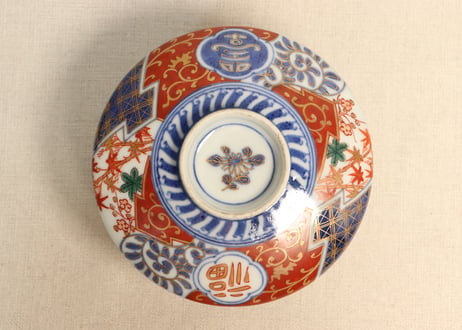 明治前期色絵松竹梅に福寿文字図蒸茶碗 シミあり
