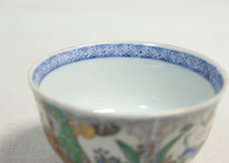 明治前期色絵鶴と松竹梅図通り物飯茶碗