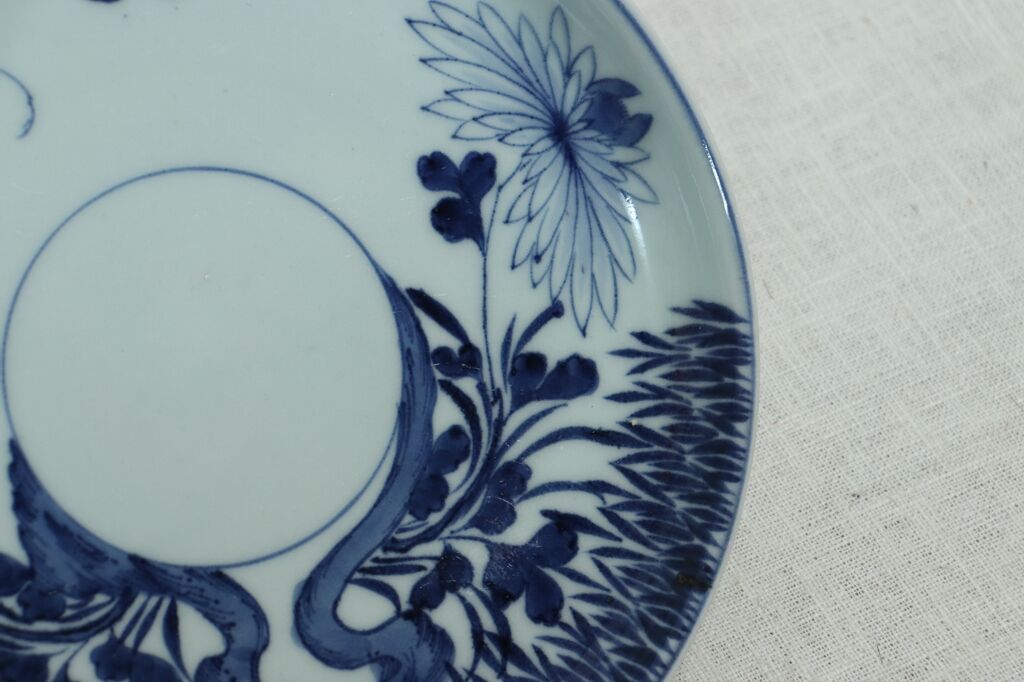 古伊万里　染付　割絵　菊の図　膾皿　３客　D760AS-BVk 古伊万里染付割絵菊の図膾皿3客D760AS-BVk