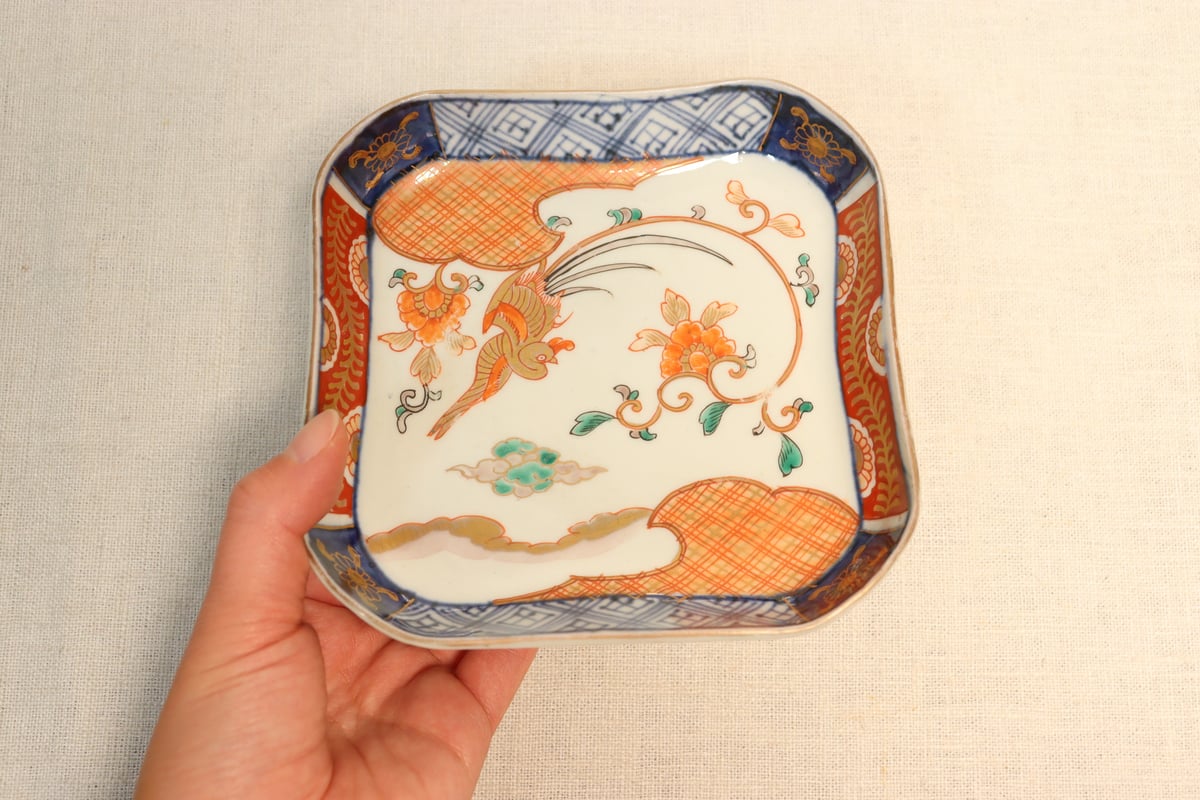 中皿 2枚 金彩 色絵付 花文様 宝文様 角富 台皿 色絵金襴花詰 / 高