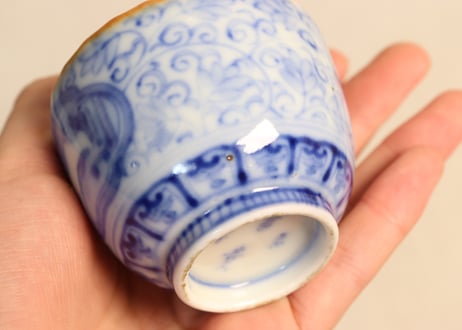 明治前期染付三方に山水窓絵と萩唐草図イゲ縁通り物小向付