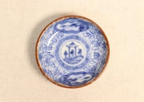 明治前期染付三方に山水窓絵と萩唐草図イゲ縁通り物豆皿