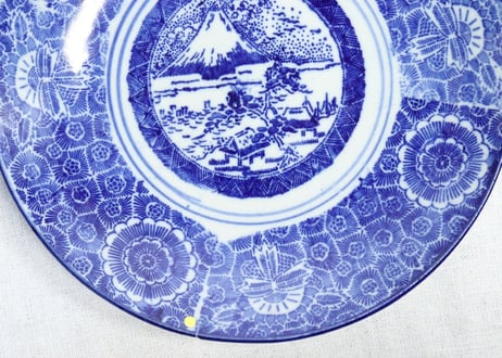 明治後期～大正紙刷富士図7.5寸皿　窯傷,かたつき