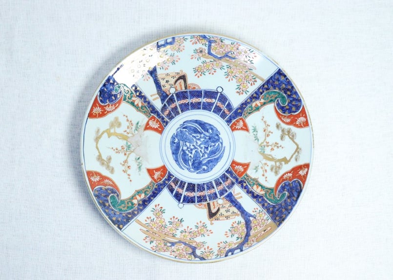明治前期色絵桜と御所車図尺3寸尺皿 | 吉祥寺PukuPuku