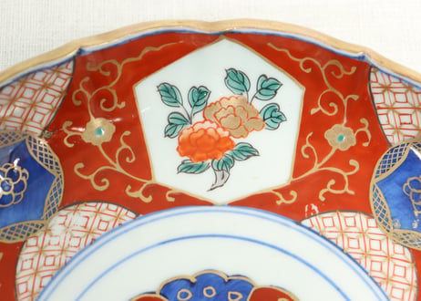 江戸幕末色絵牡丹と青玉図通り物7寸皿①