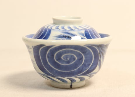 江戸後期染付柳と渦巻図飯茶碗②少甘手