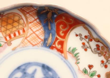 明治前期色絵梅と鶯に鳥籠図通り物小皿
