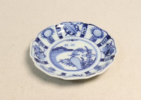 明治前期染付芙蓉手イナゴ図小皿