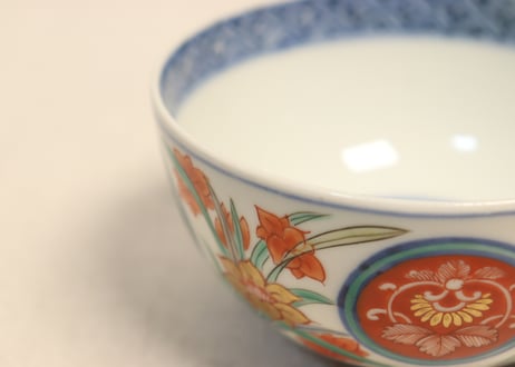 明治前期色絵四方に水仙図蓋茶碗　５客組　蓋窯傷,ノミホツあり