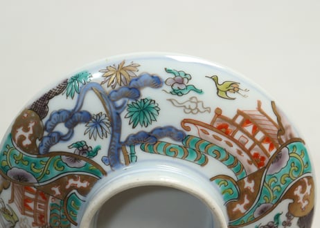 明治前期色絵鶴と松竹梅図通り物蒸茶碗