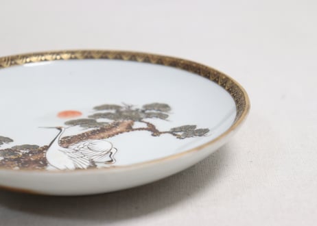 明治前期九谷焼色絵松鶴図通り物5寸皿②ムシクイ