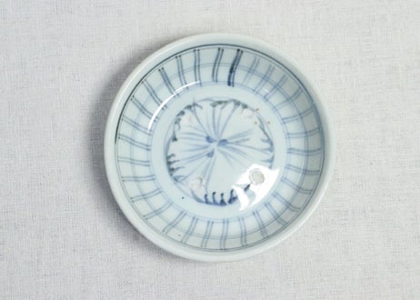 江戸幕末染付格子文図なます皿　膨れ