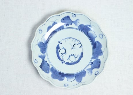 江戸幕末染付金魚図7寸皿③　甘手，かたつき