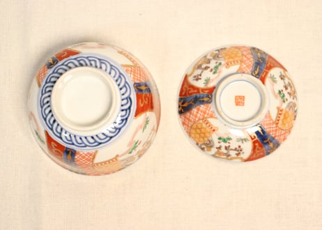 明治前期色絵梅と鶯に鳥籠図通り物飯茶碗