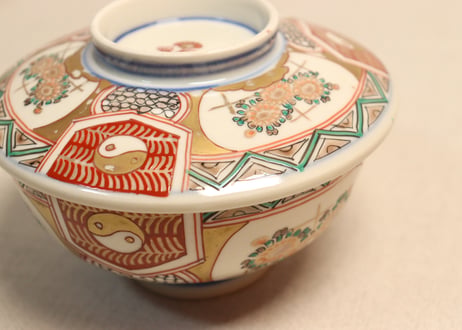 明治前期色絵三方菊図蒸茶碗