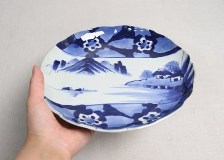 明治前期染付山水と花図８寸皿