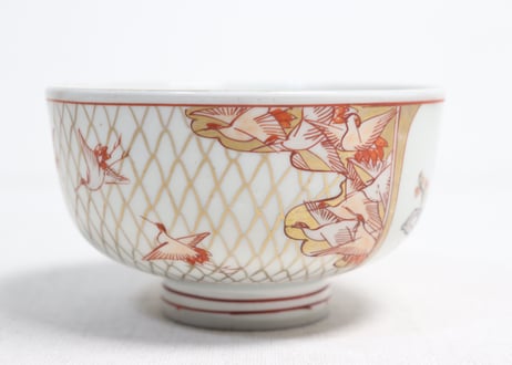 明治前期色絵網手に鶴と梅に鶯図通り物蒸茶碗②高台ホツ,高台内柄無し
