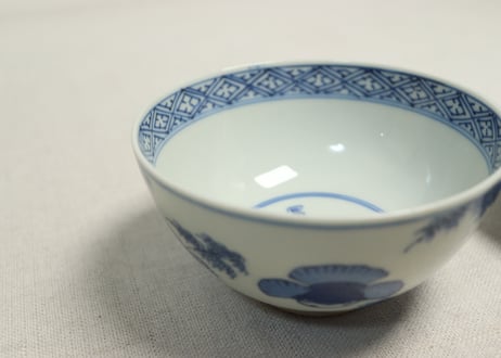 江戸幕末染付竹林雀図蓋茶碗　5客組