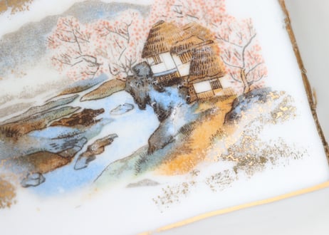 大正～昭和戦前色絵プリント桜と家図長角皿
