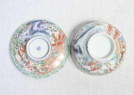 明治前期色絵山水と花鳥図蒸茶碗