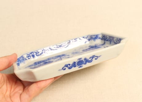 明治後期～大正銅判山水図長角皿② かたつき