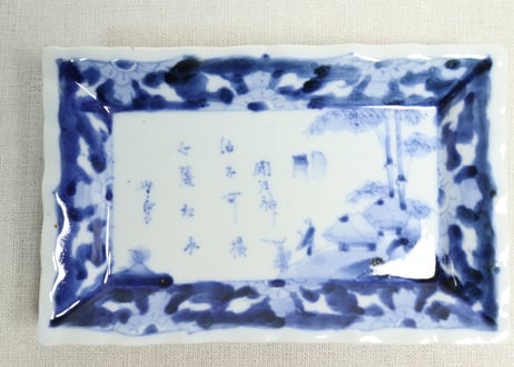 明治後期～大正染付山水人物図長角皿②かたつき